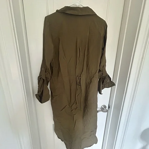 Anthropologie Maeve Olive Roll Up Sleeve Shirt Dress Adjustable Cinch Waist  4 - Picture 4 of 5